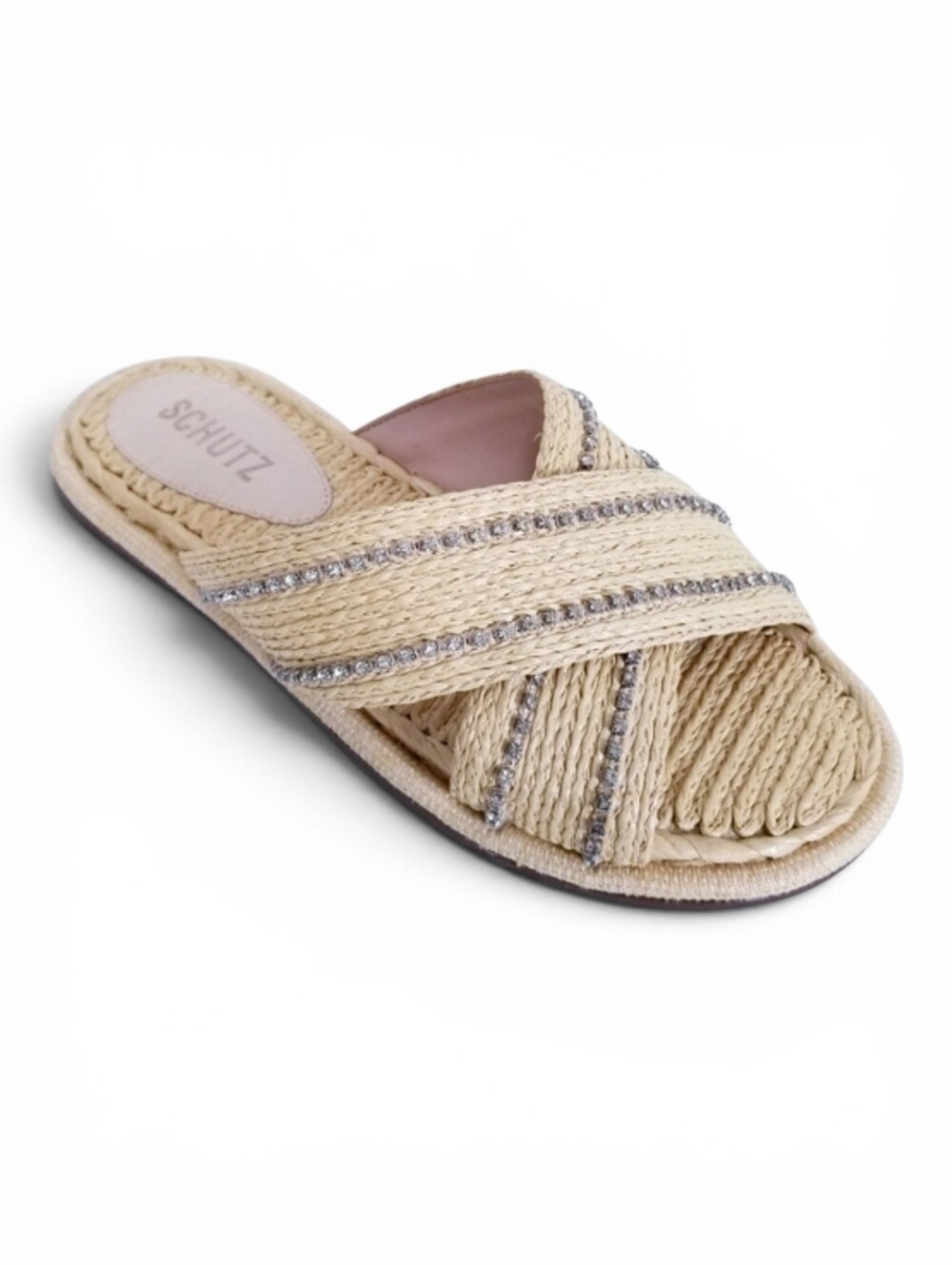 Schutz Sandals Sz 6 Carlotta Crystal Raffia Slide Criss Cross Rhinestone Cream